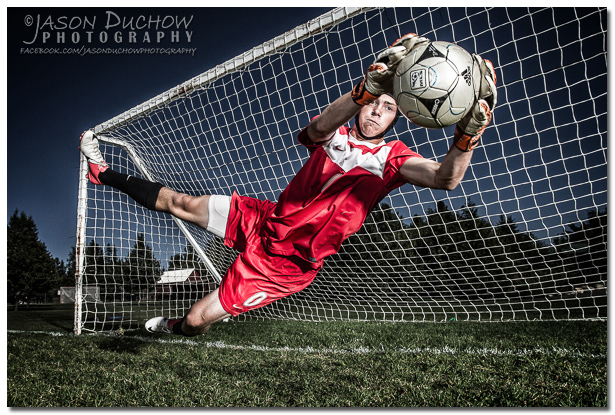 Action portrait of sandpoint soccer keeper Austin Keyes